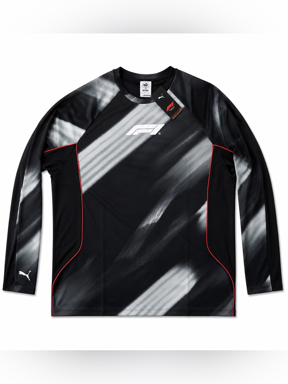 Puma F1 Black & White Long Sleeve Performance Top with Red Piping